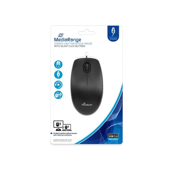 MediaRange Optical Mouse Corded 3-Button Silent-click 1000 dpi (Black, Wired) (MROS212)
