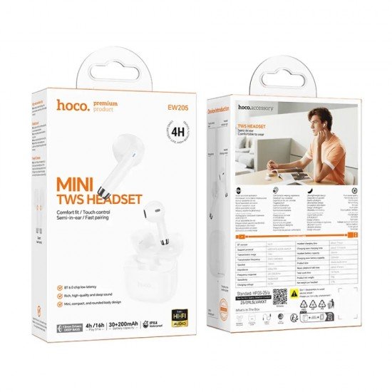 HOCO EW205 Wireless Hands Free Peaceful TWS Hi-Fi Audio Deep Bass v6.0 200mAh 4 Ώρες Ομιλίας και Θήκη Φόρτισης Λευκά