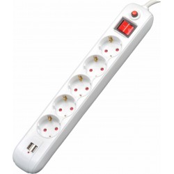 Spacer Πολύπριζο, Schuko x 5, 1,8 m, USB x 2, 16 A, Max. 3500W , Surge Protection, Child Protection, White , (PP-5-18 USB)