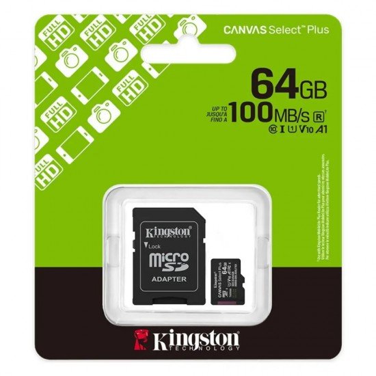 Kingston Κάρτα Μνήμης Canvas Select Plus+ MicroSDXC 64GB Class 10 με SD Adapter έως 100MB/s SDCS3/64GB