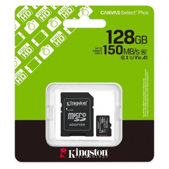 Kingston Κάρτα Μνήμης Canvas Select Plus+ MicroSDXC 128GB Class 10 με SD Adapter έως 150MB/s SDCS3/128GB