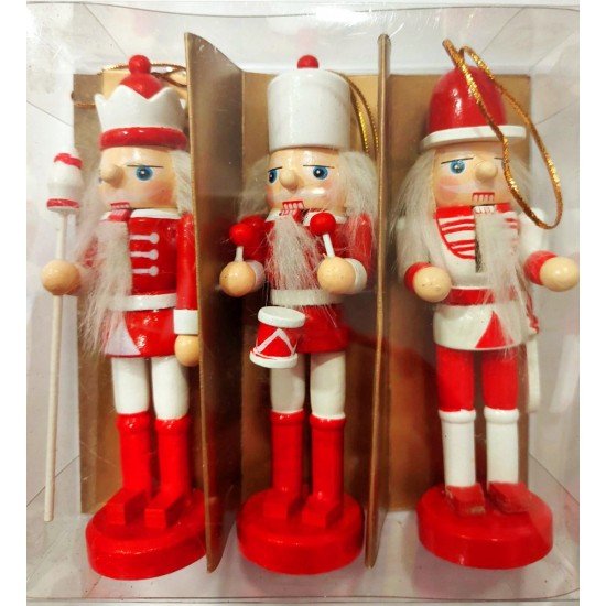 Christmas Nutcracker Set Hanging Wood Red Coloured 12 cm 3 PCS