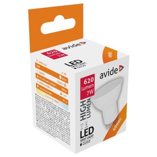 Avide LED Σπότ Αλουμίνιο + Πλαστικό 7W GU10 110° Λευκό 4000K Υψηλής Φωτεινότητας