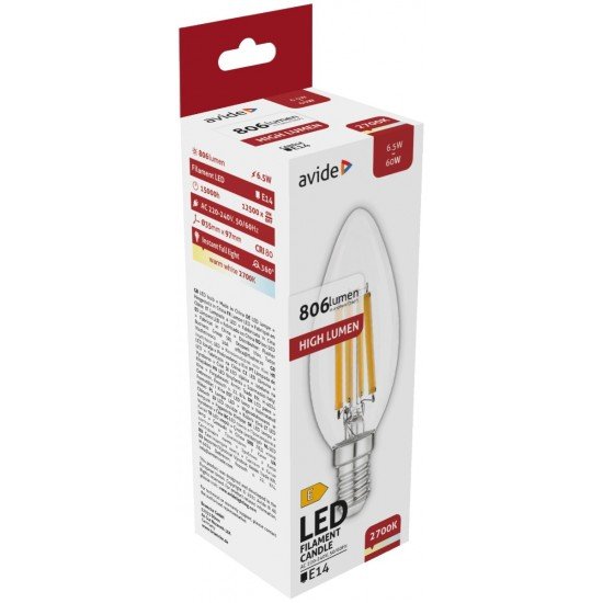 Avide LED Filament Κερί 6.5W E14 Θερμό 2700K Υψηλής Φωτεινότητας