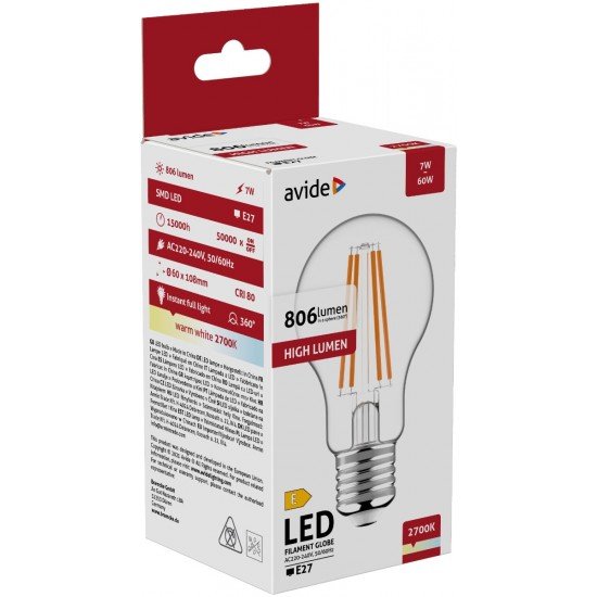 Avide LED Filament Κοινή  7W E27 Θερμό 2700K