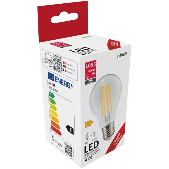 Avide LED Filament Κοινή  9W E27 360° Θερμό 2700K Υψηλής Φωτεινότητας Ντιμαριζόμενο