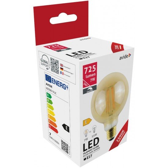 Avide LED Filament Κοινή G95 7W E27 360° Θερμό 2500K Ντιμαριζόμενο/Κεχριμπάρι
