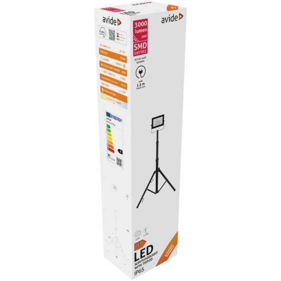 Avide LED Προβολέας Slim SMD  30W Λευκό 4000K 1 Κεφαλή με Τρίποδο