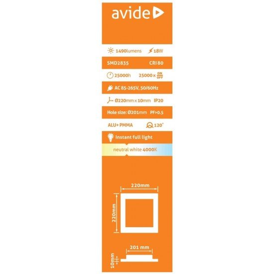 Avide LED Φωτιστικό Οροφής Χωνευτό Τετράγωνο Αλουμίνιο 18W Λευκό 4000K