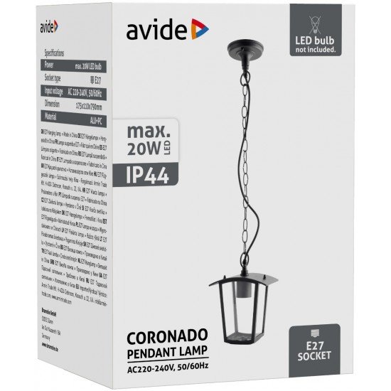 Avide Εξωτερικό Φωτιστικό Οροφής Coronado 1xE27 IP44 Μαύρο