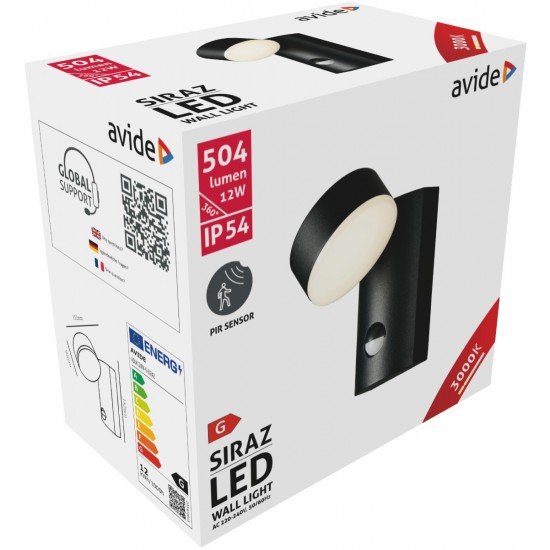 Avide Εξωτερικό Φωτιστικό Τοίχου Siraz LED 12W με motion Αισθητήρας Κίνησης Θερμό 3000K IP54