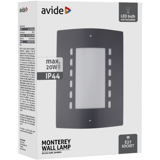 Avide Εξωτερικό Φωτιστικό Τοίχου Monterey 1xE27 IP44 Ανθρακί