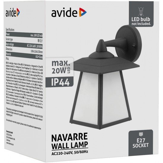 Avide Εξωτερικό Φωτιστικό Τοίχου Navarre 1xE27 IP44 Μαύρο