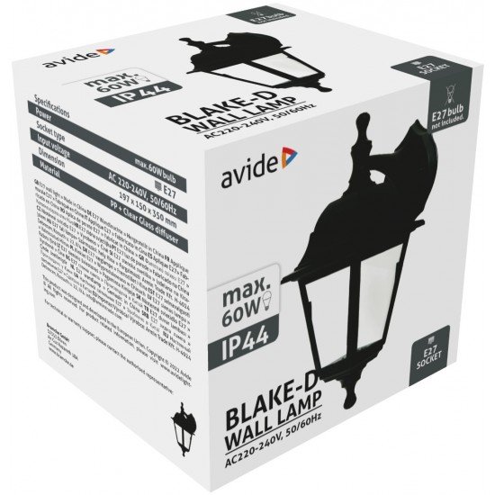 Avide Εξωτερικό Φωτιστικό Τοίχου Blake-D 1xE27 IP44 Μαύρο