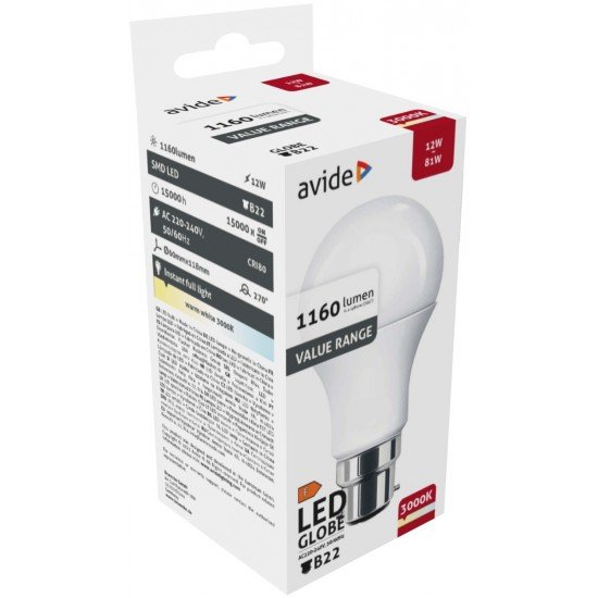 Avide Value LED Globe B22 12W WW 3000K