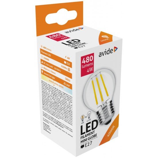 Avide LED Filament Σφαιρική  4W E27 360° Λευκό 4000K