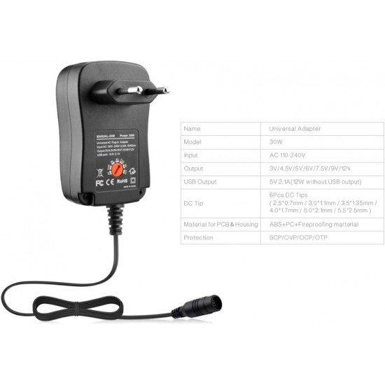 Τροφοδοτικό 30W 12V/2.5A Switching με 6 Κεφαλές