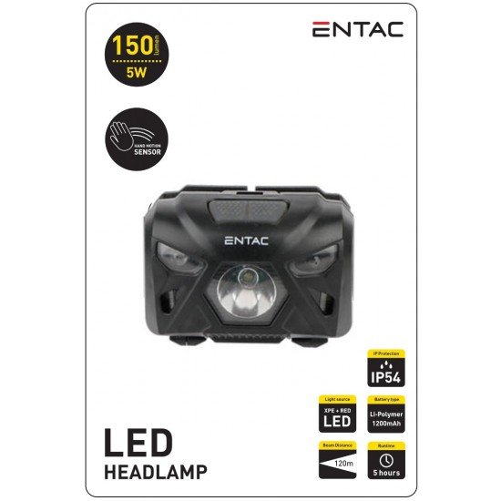 Entac Φακός Κεφαλής 5W Με Αισθητήρα Κίνησης XPE + Κόκκινο Φως - Μαύρο