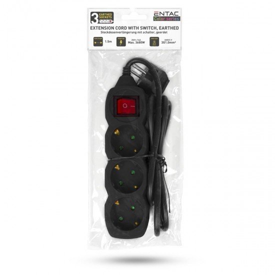 Entac  Πολύπριζο 3 Θέσεων Με Διακόπτη 3x1.0mm 1.5m Μαύρο