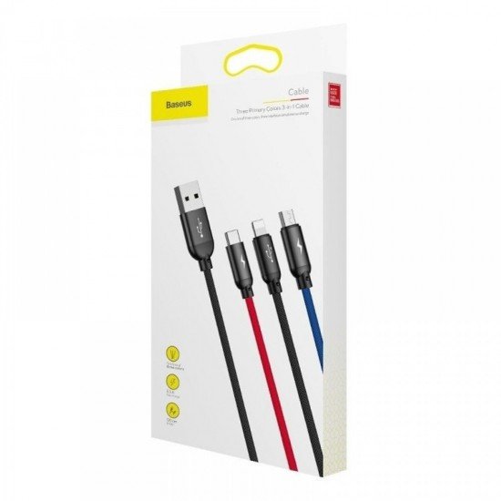 Baseus 3 in 1 Cable 3 Primary Colors Type C, Lightning , Micro 3A 1.2M