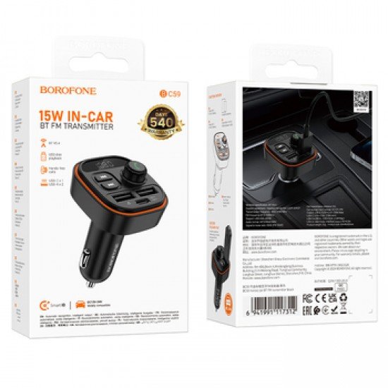 Borofone BC59 Heroic MP3 FM Transmitter, Bluetooth - 2xUSB + Type C - black