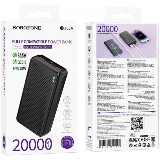 Borofone BJ56A Power Bank 20000mAh 22.5W Μαύρο