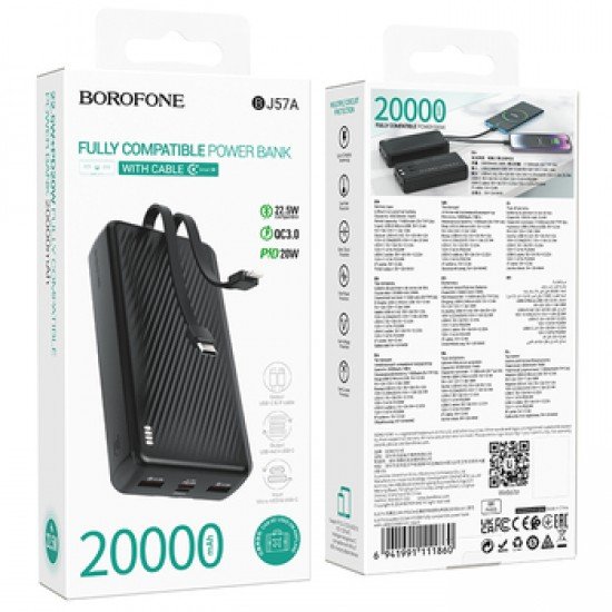 Borofone Power Bank 20000mAh BJ57A Graceful - 2xUSB + Type C - QC 3.0 22.5W + PD 20W with Type C and Lightning cables black
