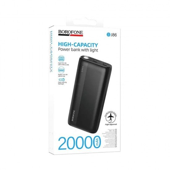 Borofone BJ86 Power Bank 20000mAh 5V/2A με 4 Θύρες 1xUSB-C, 2xUSB-A, 1xMicroUSB LED Ένδειξη Μπαταρίας και Φακό Μαύρο