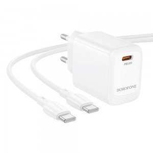 Borofone BN26 Φορτιστής Ταξιδίου Fuente Mini Size GaN USB-C PD20W + Καλώδιο Φόρτισης USB-C σε USB-C Λευκός