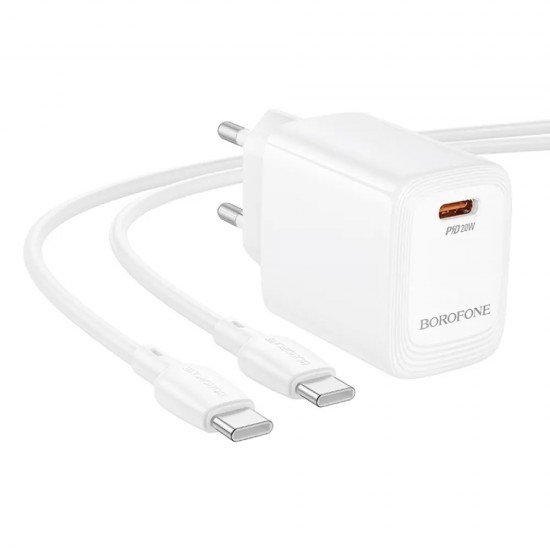 Borofone BN26 Φορτιστής Ταξιδίου Fuente Mini Size GaN USB-C PD20W + Καλώδιο Φόρτισης USB-C σε USB-C Λευκός