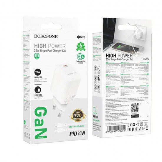 Borofone BN26 Φορτιστής Ταξιδίου Fuente Mini Size GaN USB-C PD20W + Καλώδιο Φόρτισης USB-C σε USB-C Λευκός