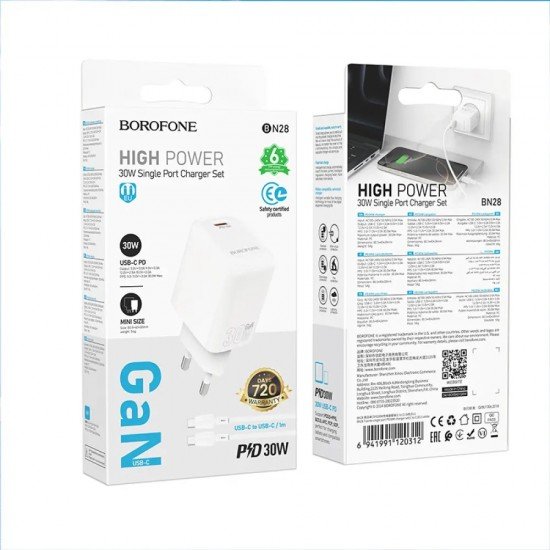 Borofone BN28 Φορτιστής Ταξιδίου Fuente GaN USB-C PD30W Mini Size + Καλώδιο Φόρτισης USB-C σε USB-C Λευκός