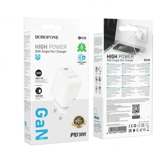 Borofone BN28 Φορτιστής Ταξιδίου Mini Size Fuente GaN USB-C PD30W Λευκός