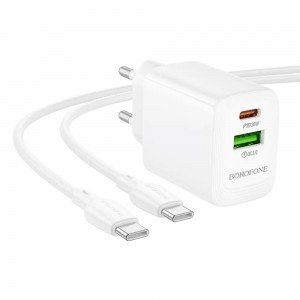 Borofone BN29 Φορτιστής Ταξιδίου Fuente GaN με 1xUSB-C PD30W και 1xUSB-A QC3.0A + Καλώδιο Φόρτισης USB-C σε USB-C Λευκός