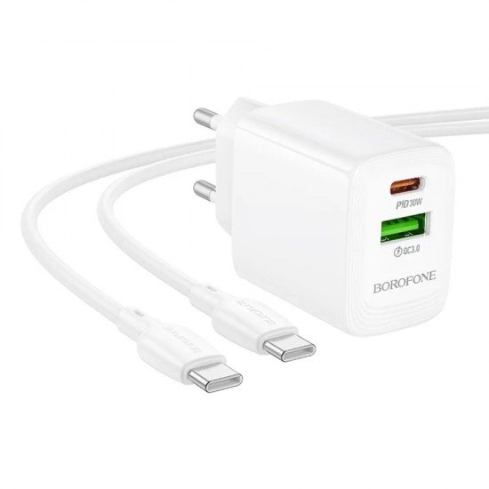 Borofone BN29 Φορτιστής Ταξιδίου Fuente GaN με 1xUSB-C PD30W και 1xUSB-A QC3.0A + Καλώδιο Φόρτισης USB-C σε USB-C Λευκός
