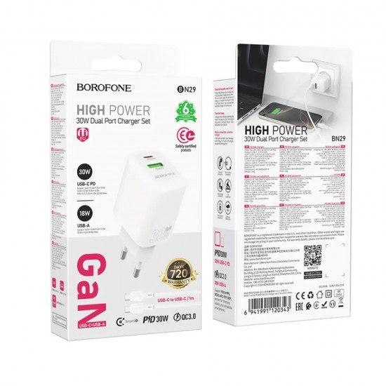 Borofone BN29 Φορτιστής Ταξιδίου Fuente GaN με 1xUSB-C PD30W και 1xUSB-A QC3.0A + Καλώδιο Φόρτισης USB-C σε USB-C Λευκός