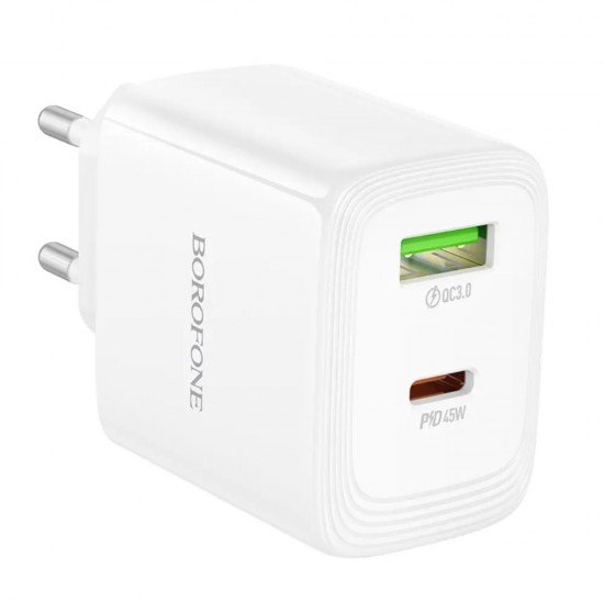 Borofone BN30 Φορτιστής Ταξιδίου Cargador GaN με 1xUSB-C PD45W και 1xUSB-A QC PD18W Λευκός
