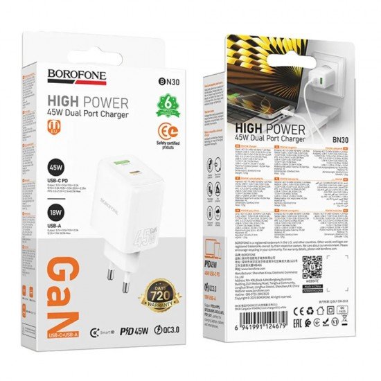 Borofone BN30 Φορτιστής Ταξιδίου Cargador GaN με 1xUSB-C PD45W και 1xUSB-A QC PD18W Λευκός