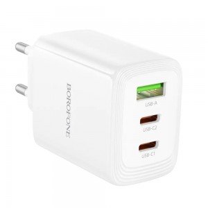 Borofone BN32 Φορτιστής Ταξιδίου Cargador GaN με 1xUSB-C PD65W και 1xUSB-A QC PD18W Λευκός