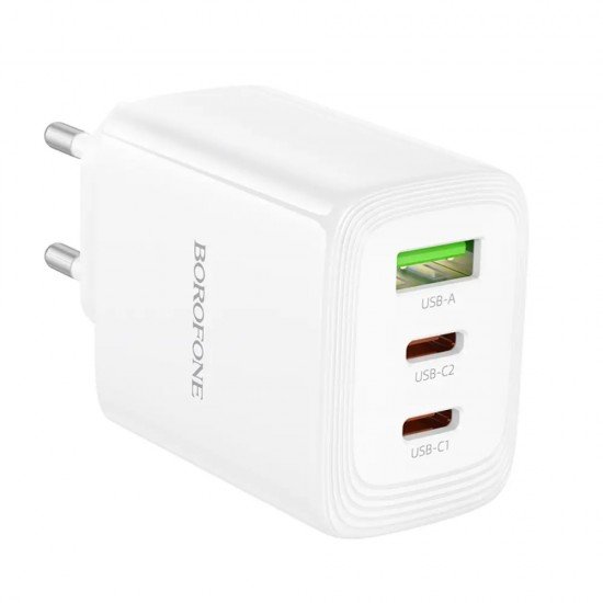 Borofone BN32 Φορτιστής Ταξιδίου Cargador GaN με 1xUSB-C PD65W και 1xUSB-A QC PD18W Λευκός