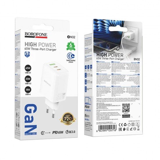 Borofone BN32 Φορτιστής Ταξιδίου Cargador GaN με 1xUSB-C PD65W και 1xUSB-A QC PD18W Λευκός