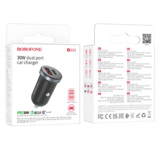 Borofone BZ22 Scenery Car Charger - USB + Type C - QC 3.0 PD 30W Black