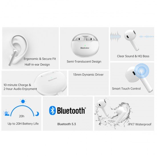 BLACKVIEW AirBuds 6 Wireless Stereo Earbuds BT5.3 TWS with charging dock White