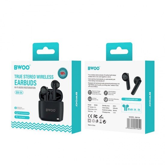 BWOO TWS Wireless Headphones BW94-BL, Black