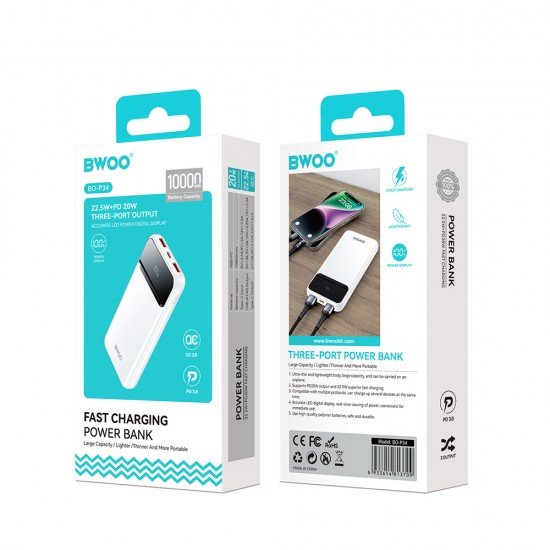 BWOO P34 Ultra thin power bank 22.5W, 10000mAh, white