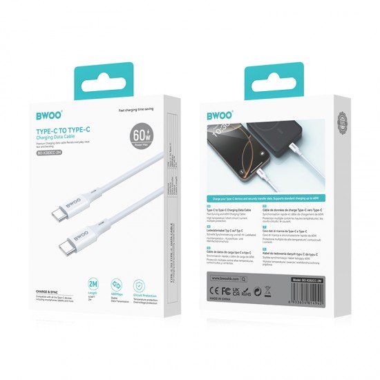 BWOO USB-C - USB-C cable 2m 60W ABS + TPE white