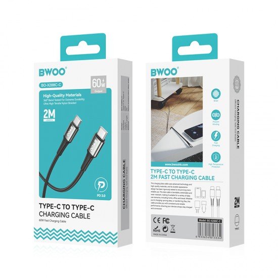 BWOO Braided USB-C - USB-C cable 2m 60W, black