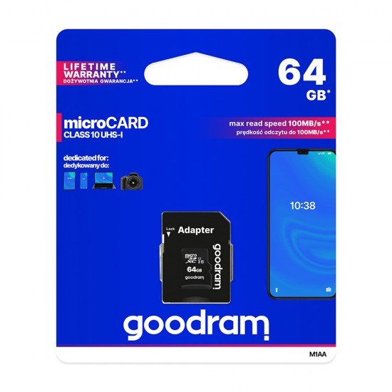 GoodRam 64GB microSDXC memory card class 10 UHS-I 30/15MB/s + adapter