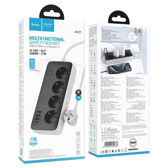 HOCO AC21 Power strip Sunlight 4 ports + 4 sockets EU