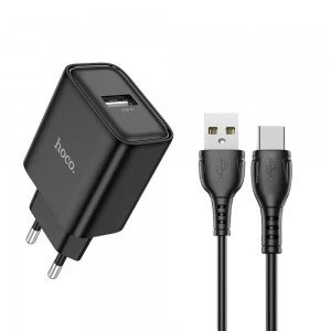 Hoco DC72 Φορτιστής Ταξιδίου River USB-A 5V 2.1A με Καλώδιο USB-A σε USB-C 1m Μαύρος